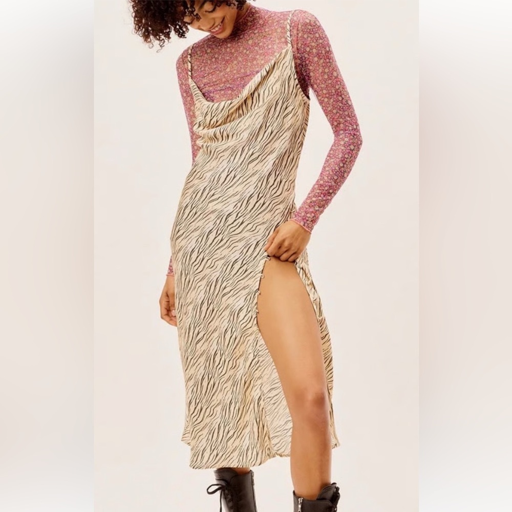 For Love & Lemons Joselyn Slip Midi Dress in Zebra Tiger Print size Small $135